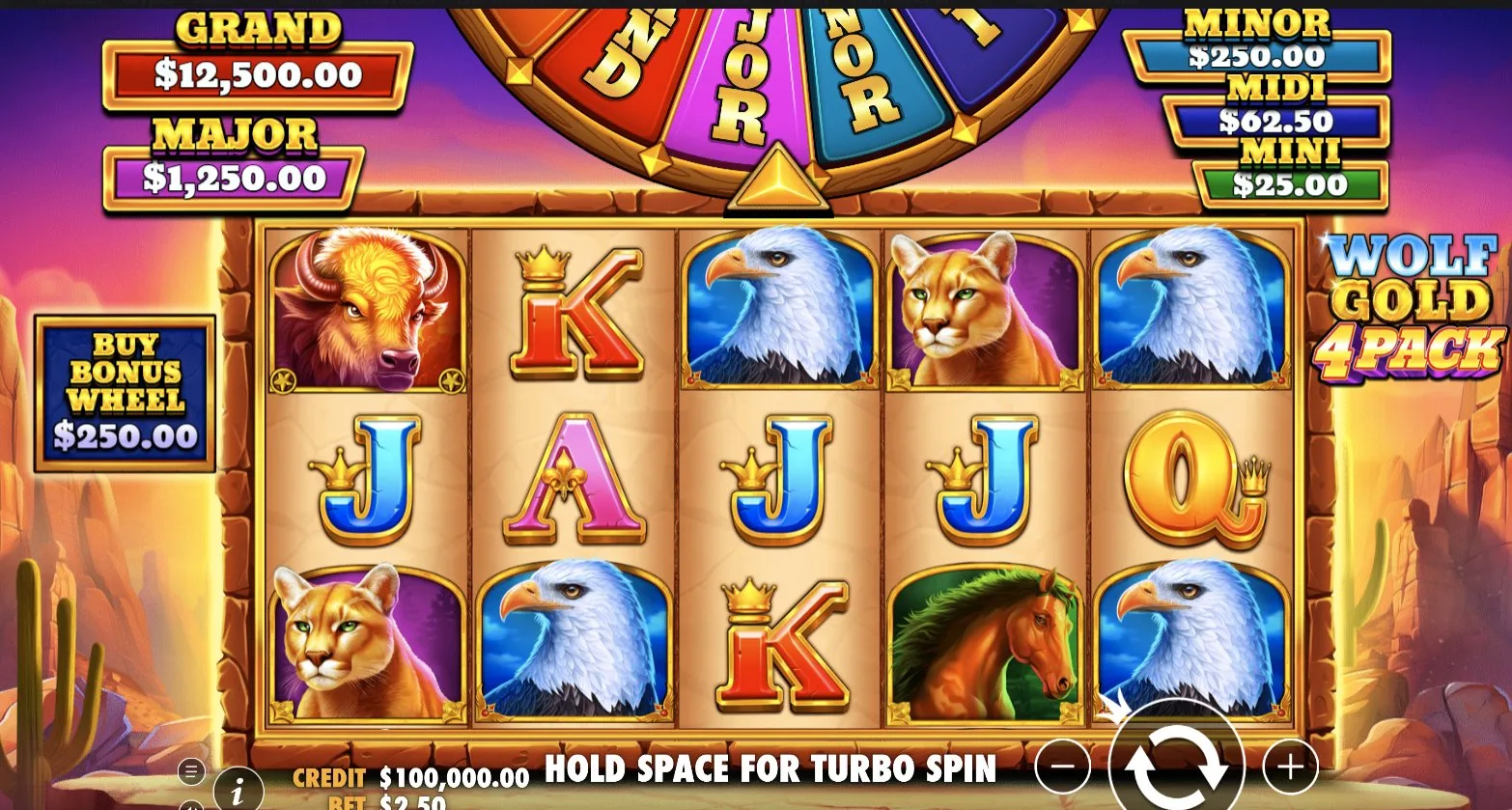 Wolf Gold 4 Pack baz oyun 5x3 ızgarada kanyon vahşi yaşam sembolleri, Bonus Çarkı ve jackpot değerleri