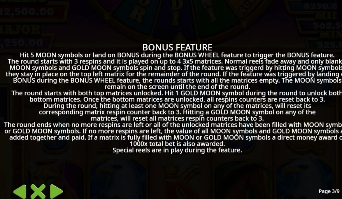 Wolf Gold 4 Pack Bonus Feature rules with 4 matrix respin mechanics and 1000x award per filled grid