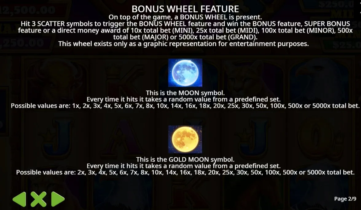 Wolf Gold 4 Pack Bonus Wheel rules explaining Moon and Gold Moon values ranging from 1x to 5000x