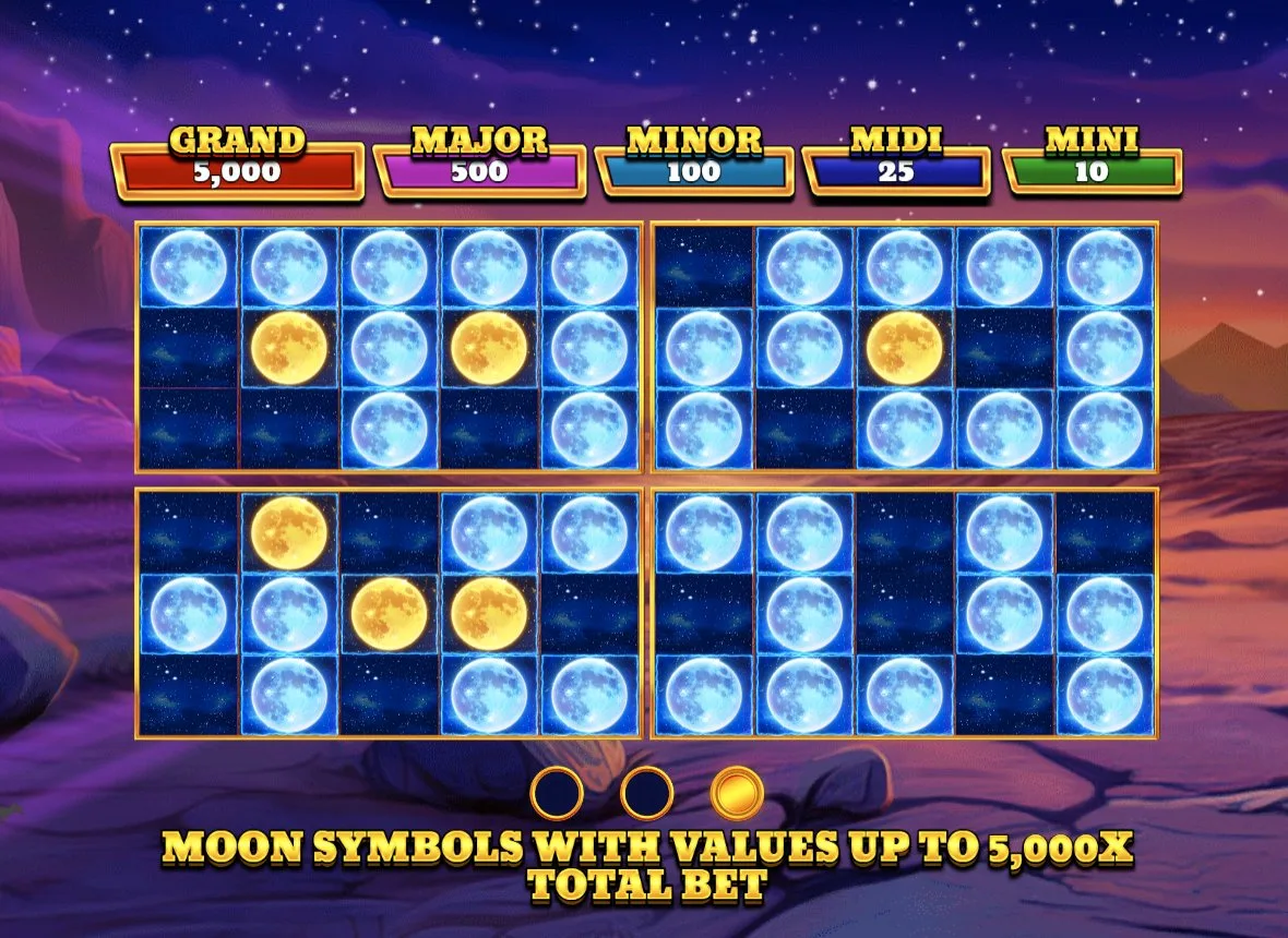 Wolf Gold 4 Pack Money Respin showing 4 matrices filled with moon symbols and 5 jackpot tiers from Mini to Grand