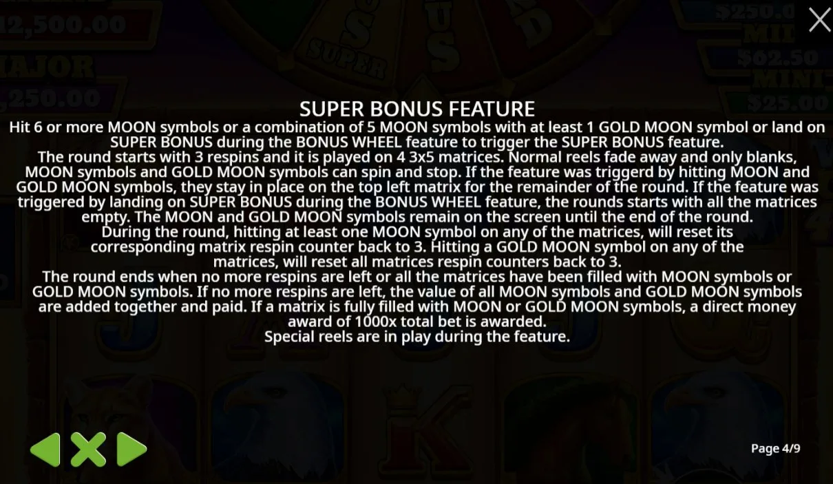 Wolf Gold 4 Pack Super-Bonus-Feature mit Goldmond der alle Matrixzähler über 4 Raster zurücksetzt